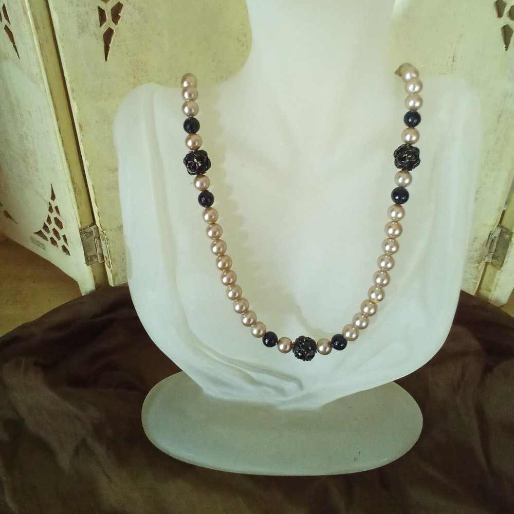 Champaign Faux Pearls w/Black Rosettes 34 inches, Vintage